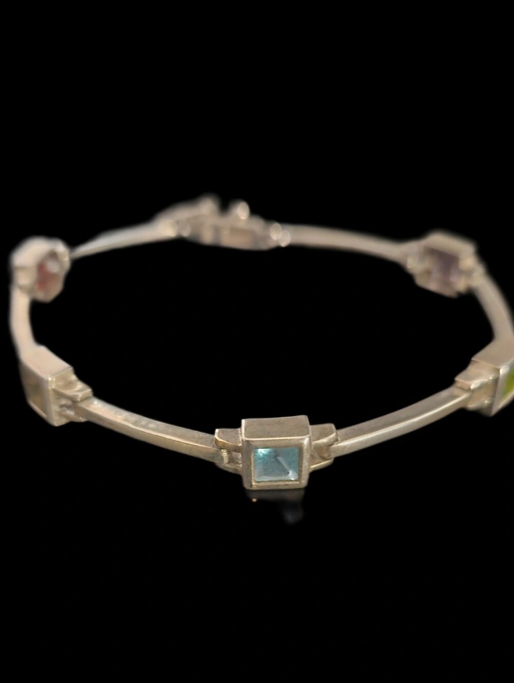 Vintage 925 Sterling Silver Multi Gemstone Bar Link Station Bracelet 7"